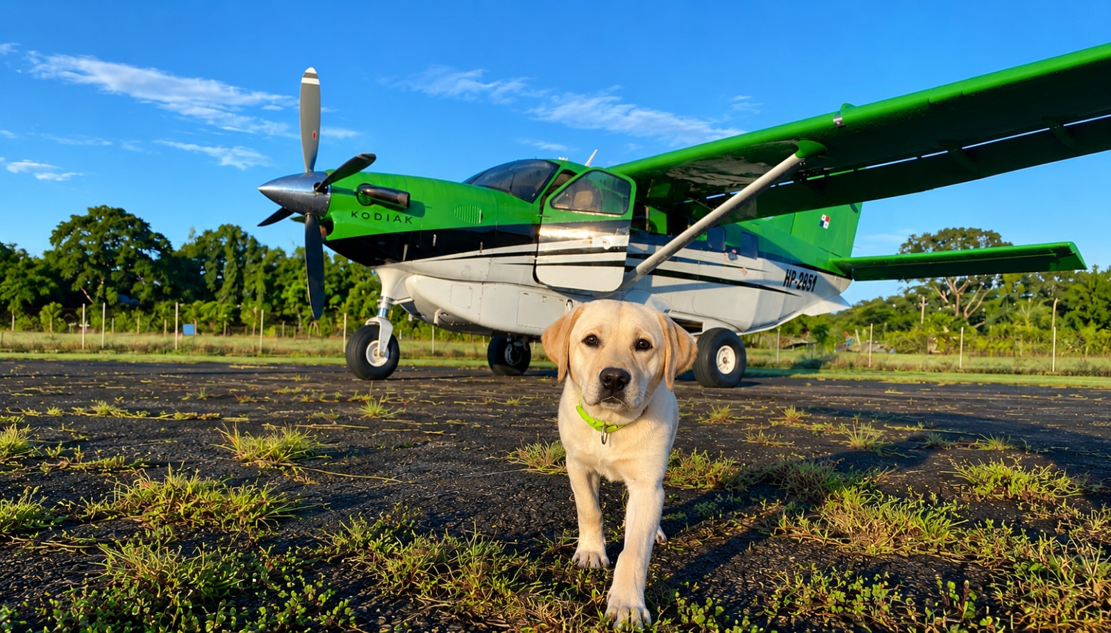 Cachorro labrador frente a un avión Quest Kodiak 100 de Skytropic en Panamá