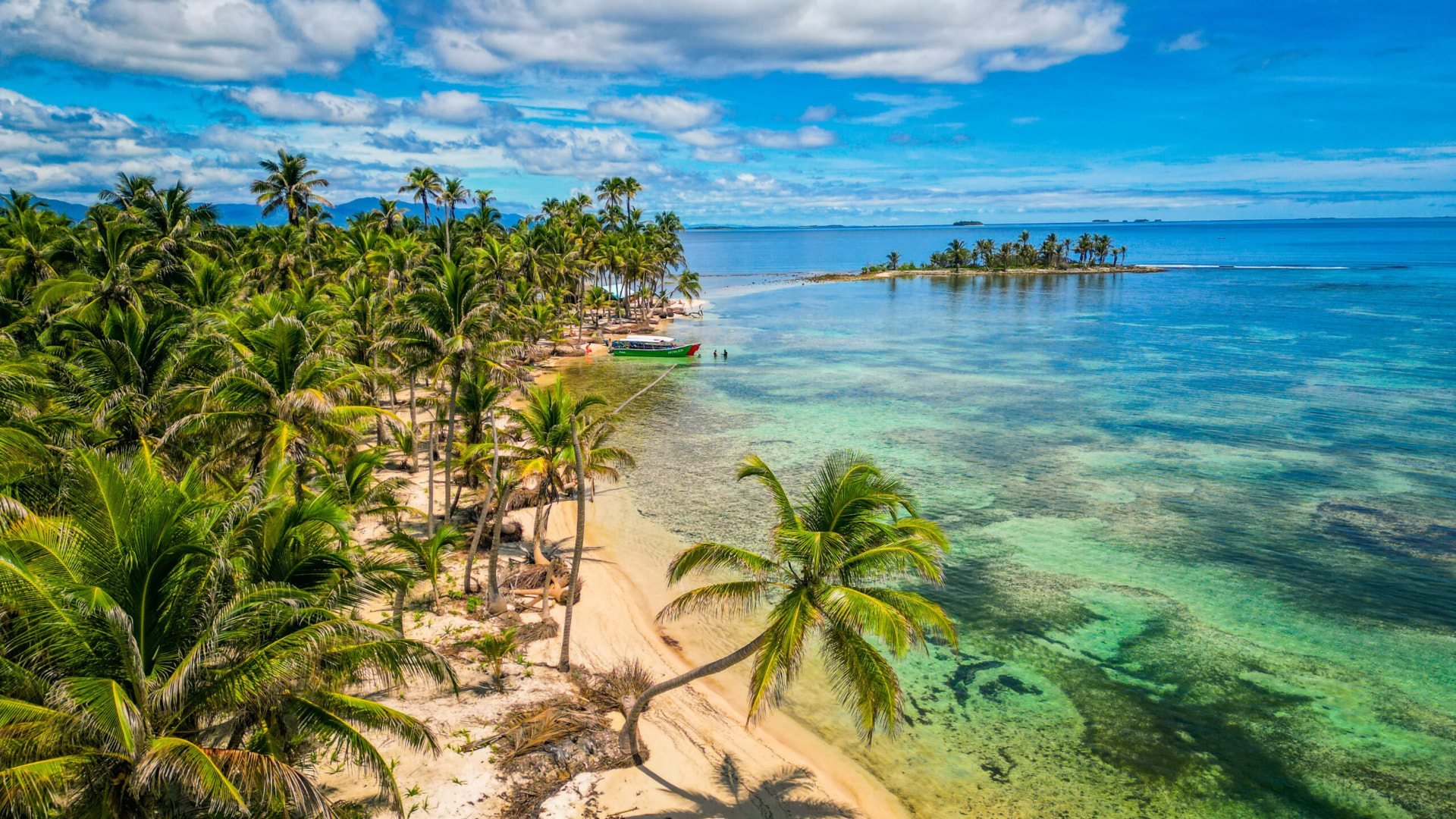 Vista aérea de una playa de San Blas con palmeras y aguas turquesas